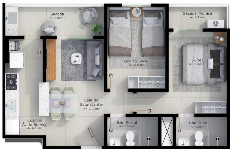 Manoa Layout de 2 quartos