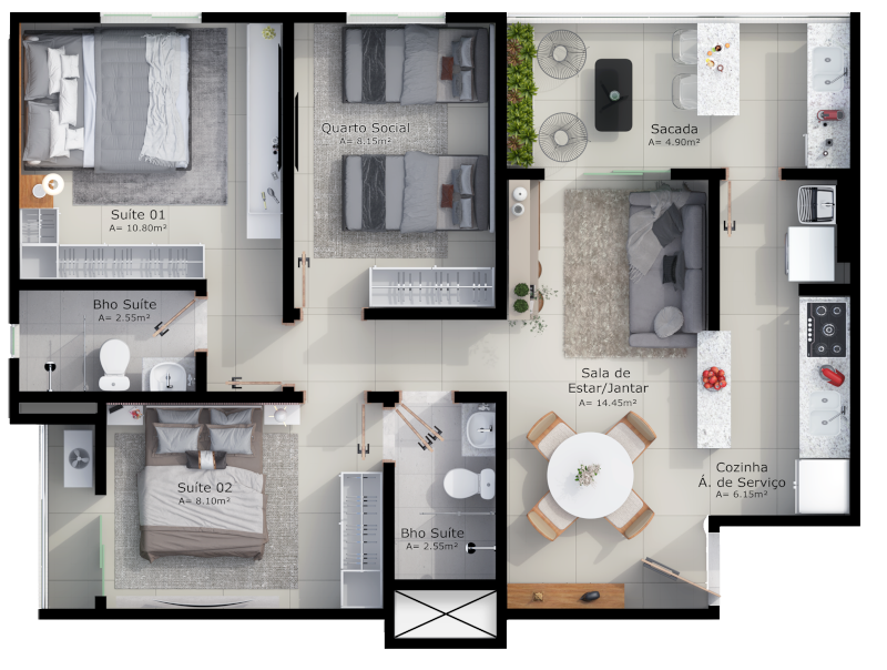 Manoa Layout de 3 quartos